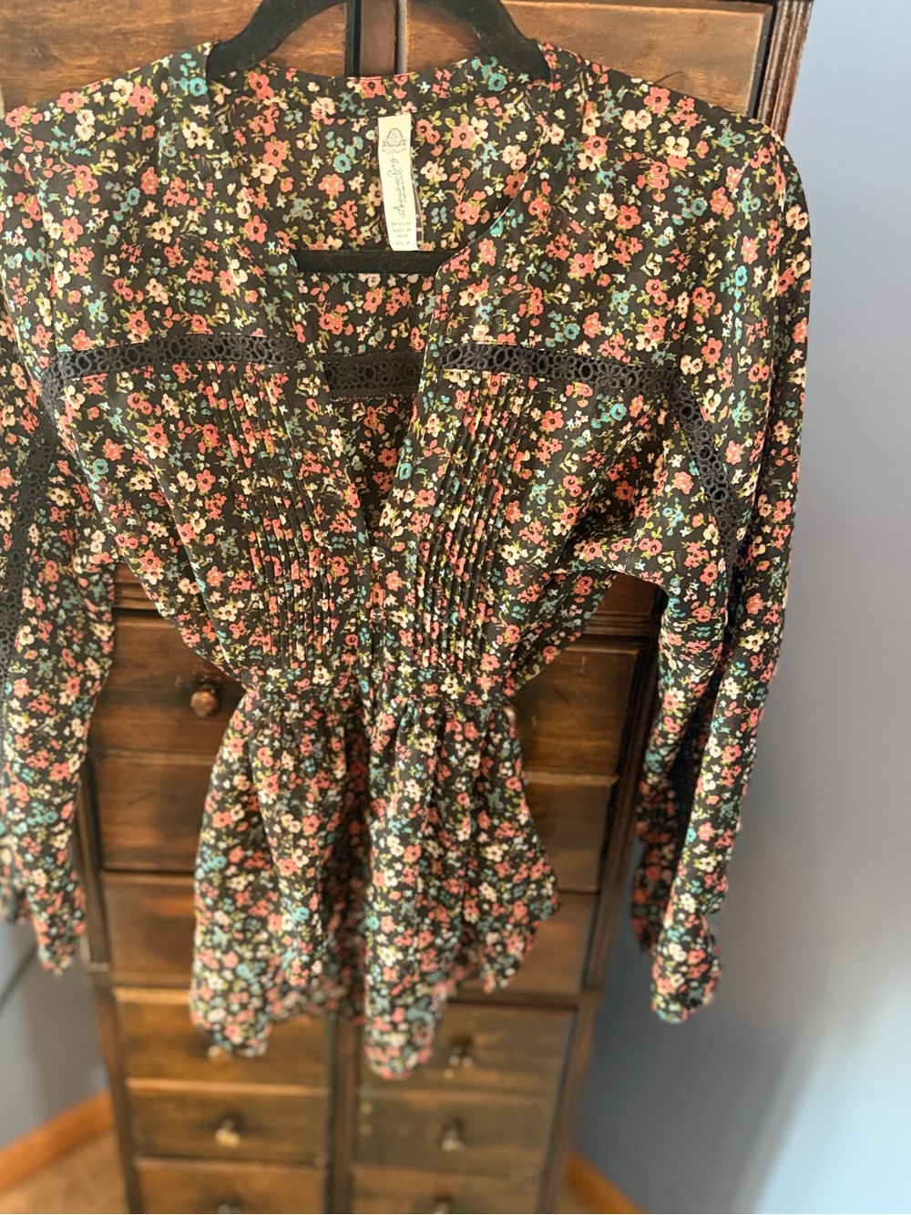 American Rag Black Floral Smocked V-Neck Peplum Tunic